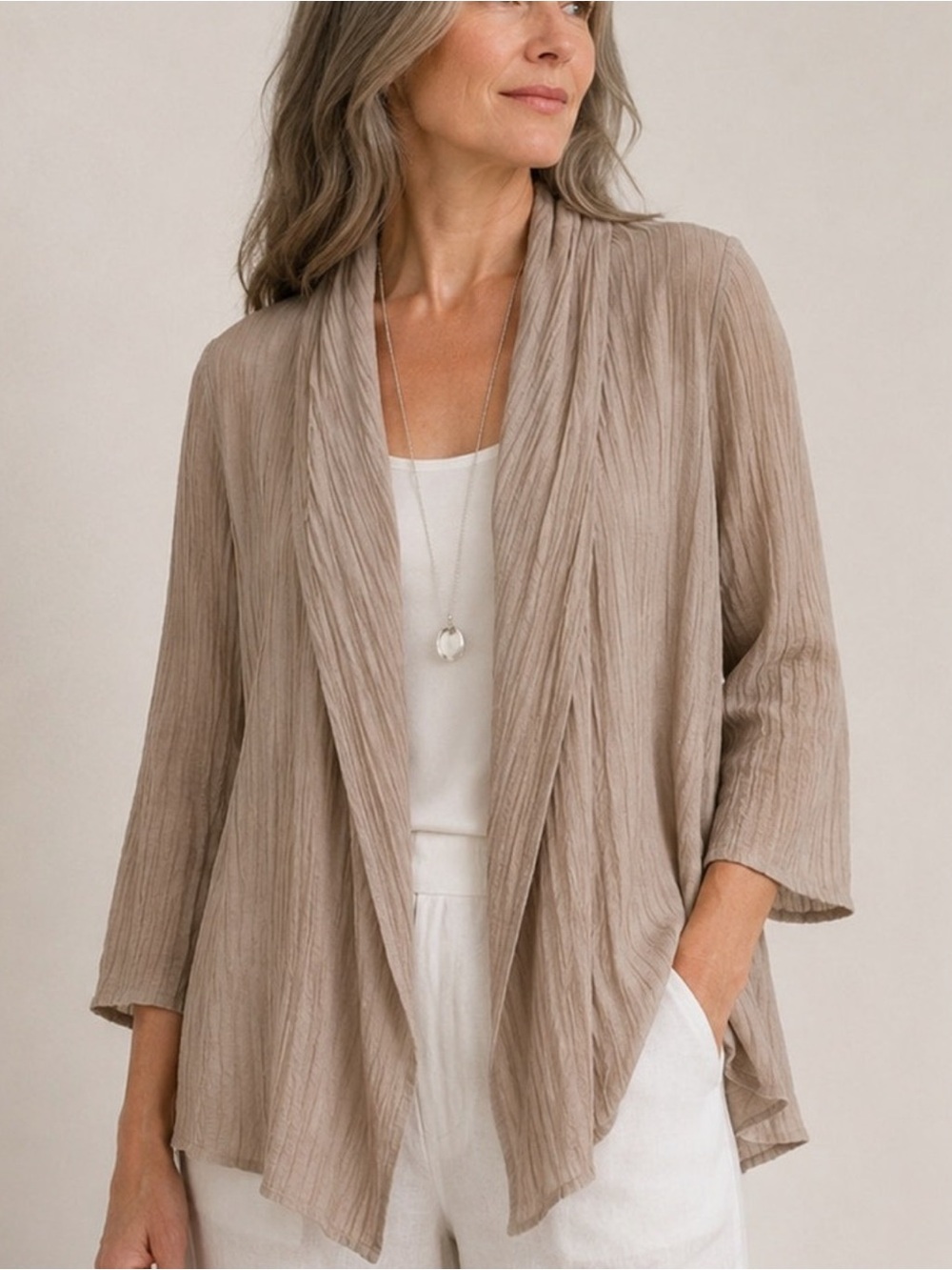 Eileen Fisher Crinkle Pleated Open Front Cardigan — Taupe NWT Size Small